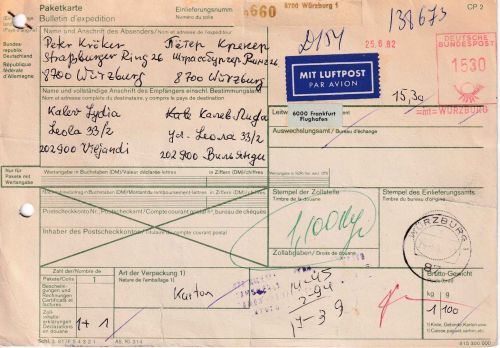 BRD - Würzburg 1982 15,30 M. Postfreistempel Lupo-Paketkarte n. ESTLAND (UdSSR)
