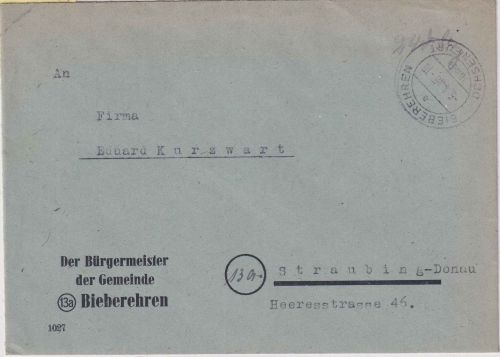 All.Bes. - Bieberehren ü. Ochsenfurt 5.4.46 Poststelle I hds. Geb.Bez. Brief