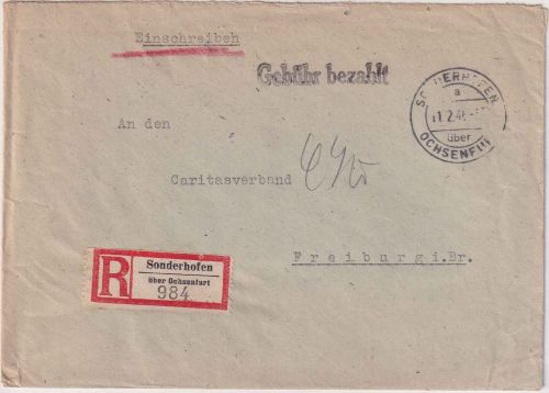 All.Bes. - Sonderhofen ü. Ochsenfurt 11.2.46 Poststelle I Einschreibebrief