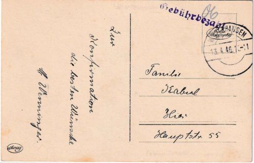 All.Bes. - Winterhausen 13.4.46 L1 Gebühr bezahl(t) Ortskarte