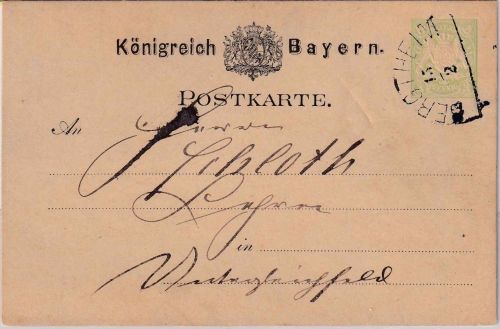 Bayern - Bergtheim 15/2 HKS 3 Pfg. Wappen Ganzsachenkarte n. Unterpleichfeld