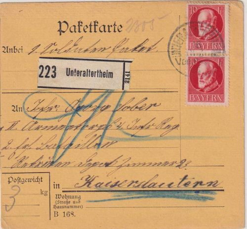 Bayern - 2x10 Pfg. Ludwig Soldaten-Paketkarte Unteraltertheim 16.12.15