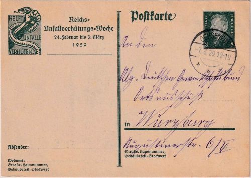 DR - 8 Pfg. Sonderganzsache Reichs-Unfallverhütungs-Woche Ochsenfurt 7.3.29
