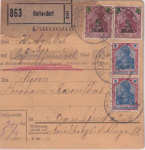 DR - 2x5 M./75 Pfg. Germania u.a. Wertpaketkarte Rottendorf - FFM 7.6.22