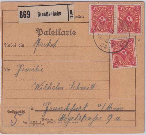 DR-Infla - 3x3 M. Posthorn Paketkarte Grossenheim - FFM 6.6.22