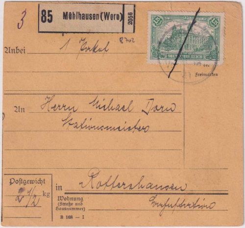 DR - 1,25 M. Reichspostamt Paketkarte Mühlhausen (Wern) - FFM 1.3.21