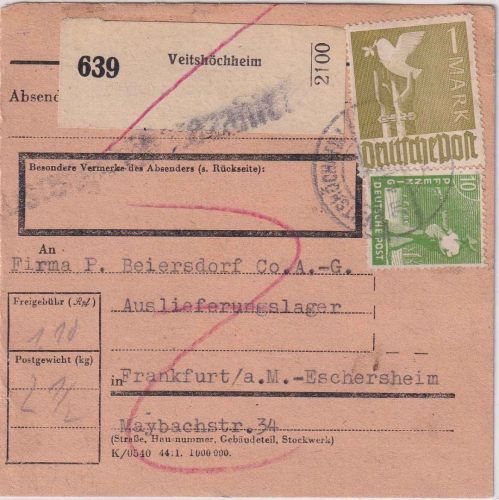 All.Bes. - 1 M. Taube u.a-. Paketkarte Veitshöchheim - FFM-Eschersheim 20.4.48