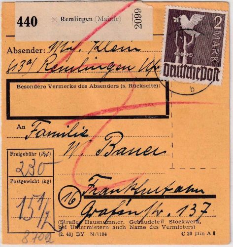 All.Bes. - 2 M. Taube u.a. Paketkarte Remlingen - FFM 19.6.48
