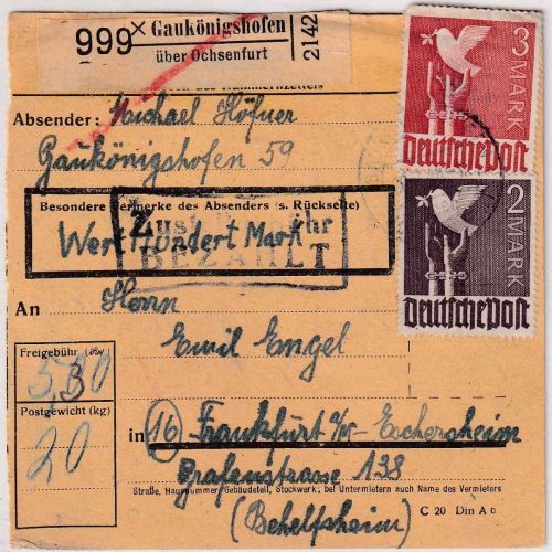 All.Bes. - 2+3 M. Taube u.a. Paketkarte Gaukönigshofen ü. Ochsenfurt 30.3.48