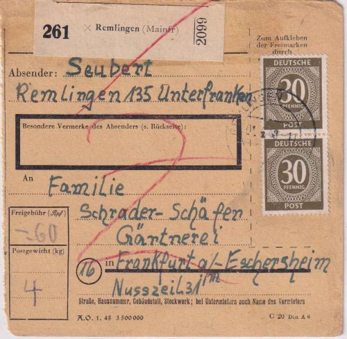 All.Bes. - 2x30 Pfg. Ziffer Paketkarte Remlingen - FFM-Eschersheim 1.6.48
