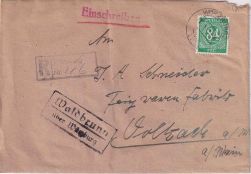 All.Bes. - Waldbrunn ü. Würzburg Landpost-Ra2 Einschreibebrief n Volkach 10.5.48