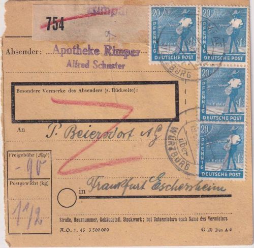 All.Bes. - 4x20 Pfg. Arbeiter u.a. Paketkarte Rimpar ü. Würzburg 19.6./25.6.48 !