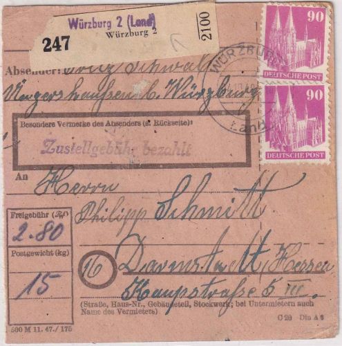 Bizone - 3x90+10 Pfg. Bauten Paketkarte Würzburg 2 (Land) - Darmstadt 4.10.48