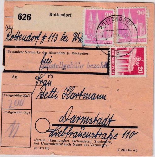 Bizone - 2x90+20 Pfg. Bauten Paketkarte Rottendorf - Darmstadt 4.10.48