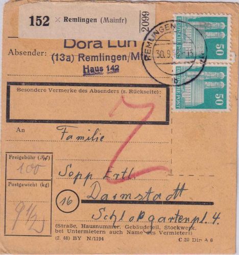 Bizone - 2x50 Pfg. Bauten Paketkarte Remlingen - Darmstadt 30.9.48