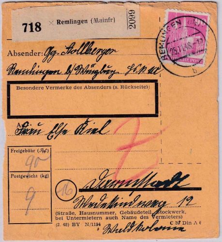Bizone - 90 Pfg. Bauten Paketkarte Remlingen - Darmstadt 25.11.48
