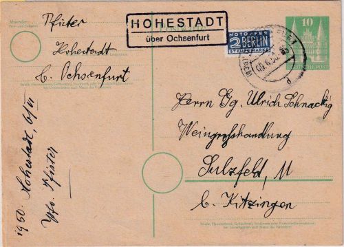 Bizone - Hohestadt ü Ochsenfurt Landpost-Ra2 10 Pfg. Ganzsachenkarte + NO 9.6.50