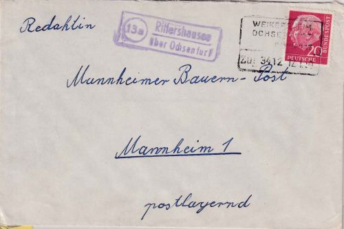 BRD - (13a) Rittershausen ü Ochsenfurt Landpost-Ra2 + Bahnpost-Ra4 Brief 12.1.59