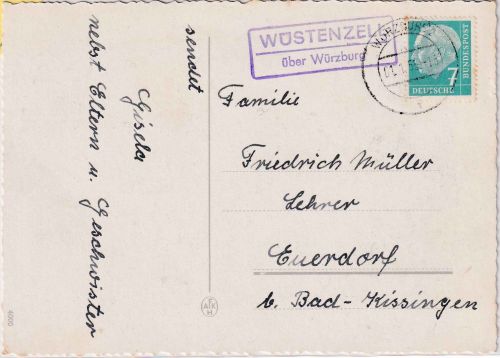 BRD -Wüstenzell ü. Würzburg Landpost-Ra2 Drucksachenkarte 1.1.55 n. Euerdorf