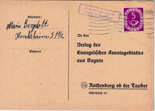 BRD -Herchsheim ü. Würzburg Landpost-Ra2 Drucksachenkarte 31.12.53 n. Rothenburg