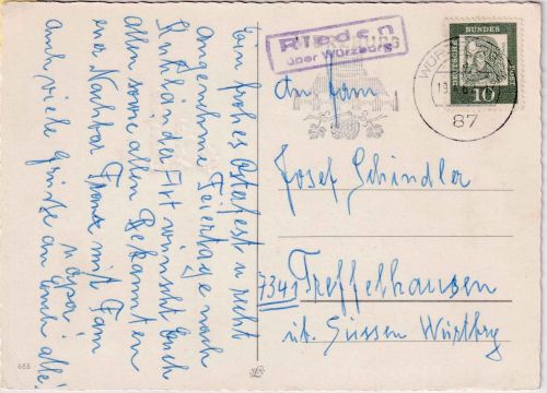 BRD -Rieden ü. Würzburg Landpost-Ra2 Karte n. Treffelhausen 19.4.62