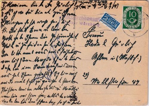BRD - Holzkirchhausen ü. Würzburg Landpost-Ra2 Karte n. Ahlen 1952