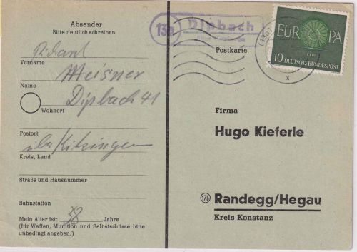 BRD - Dipbach ü. Kitzingen Landpost-Ra2 Karte n. Randegg 1960