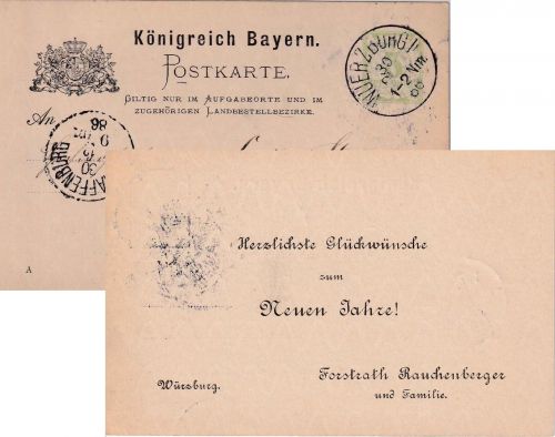 Bayern - Würzburg 1888 Neujahrsgrüße Forstrath Rauchenberger priv. Zudruck