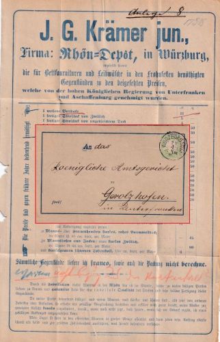 Bayern - 3 Pfg. Wappen Wz. 2 Faltdrucksache (Inhalt !!) Würzburg Stadt 1884