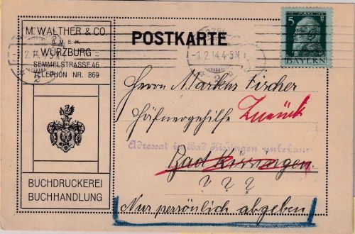 Bayern - "Adressat in Bad Kissingen unbekannt" L1 illustr. Firmenkarte 1914