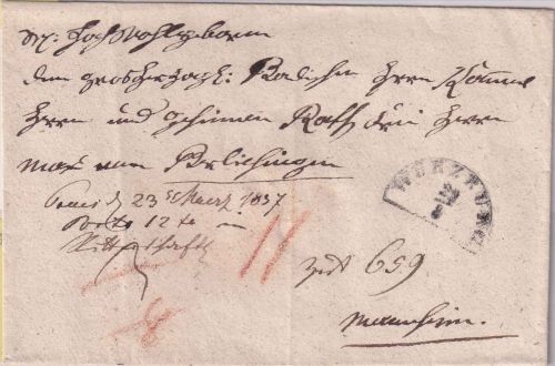 Bayern/Baden - Würzburg 22/3 HKS Portobrief n. Mannheim 1837