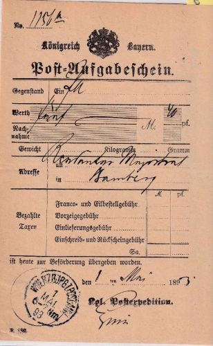 Bayern - Würzburg I Post-Anw. 1. MAI 93 K1 Postaufgabeschein f. Postanweisung