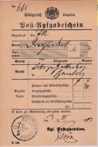 Bayern - Würzburg I Post-Anw. 3. MRZ 93 K1 Postaufgabeschein f. Postanweisung