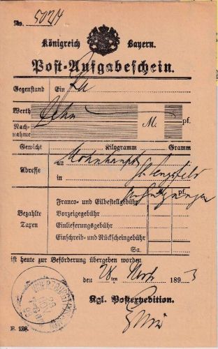 Bayern - Würzburg I Post-Anw. 28. NOV 93 K1 Postaufgabeschein f. Postanweisung