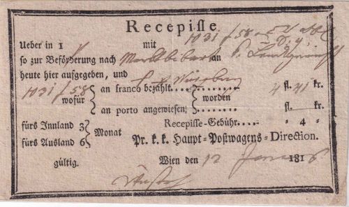 Österreich/Bayern - Wien 1816 Recepisse f. Franco-Fahrpostsendung n Markt Bibart