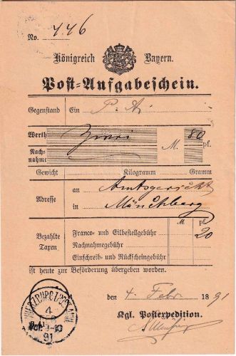 Bayern - Würzburg I Post-Anw. 4. FEB 91 K1 Postaufgabeschein f. Postanweisung