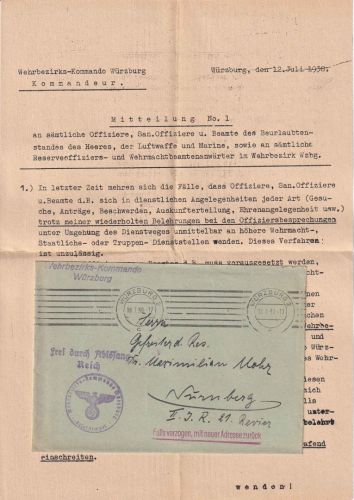 DR - Würzburg 1938 Dienstbrief (Wehrbezirkskommando) n. Nürnberg - Inhalt !!