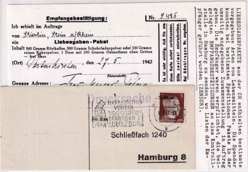 DR - 3 Pfg. AH Drucksachenkarte/Liebesgaben-Paket-Bestätigung Würzburg 1942