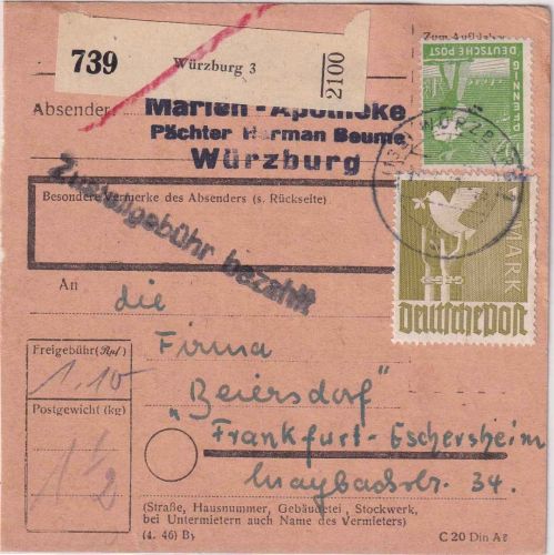 All.Bes. - 1 M. Taube u.a. Paketkarte Würzburg 3 - FFM-Eschersheim 23.4.48