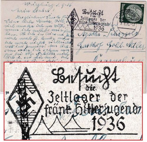 DR - Würzburg 1936 "Besucht die Zeltlager ..." Masch.werbestempel Karte