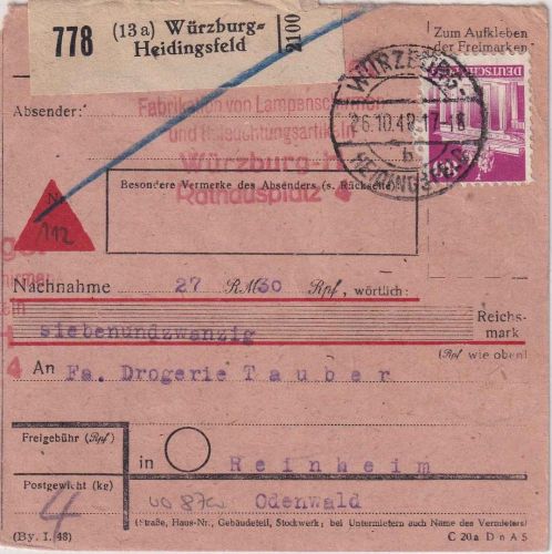 Bizone - 80 Pfg. Bauten Nachnahme-Paketkarte Würzburg-Heidingsfeld 26.10.48