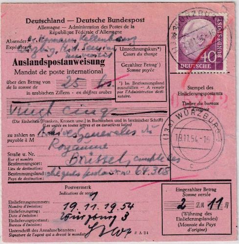 BRD - 40 Pfg. Heuss Postanweisung n. BELGIEN Würzburg - Brüssel 19.11.54