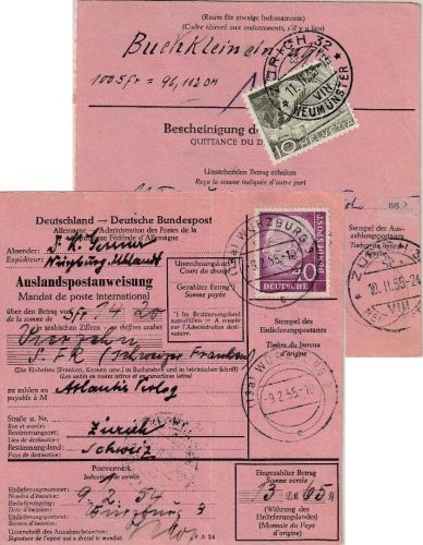 BRD - 40 Pfg. Heuss Postanweisung i.d. SCHWEIZ Würzburg - Zürich 9.2.55