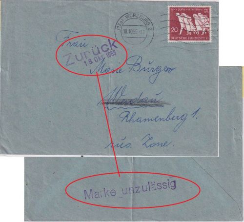 BRD - 20 Pfg. Vertreibung Brief i.d. DDR/Postkrieg Würzburg - Werdau 18.10.55