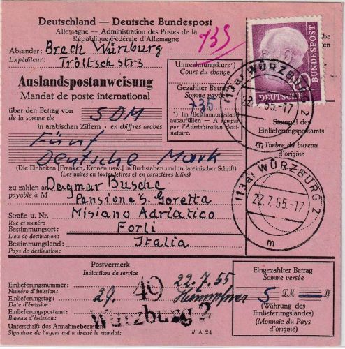 BRD - 40 Pfg. Heuss Postanweisung n. ITALIEN Würzburg - Misano-Adriatico 22.7.55