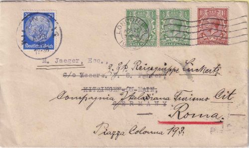 England/DR - Brief aus London 1933 n. Kitzingen - auffrankierte Weiterleitung !!