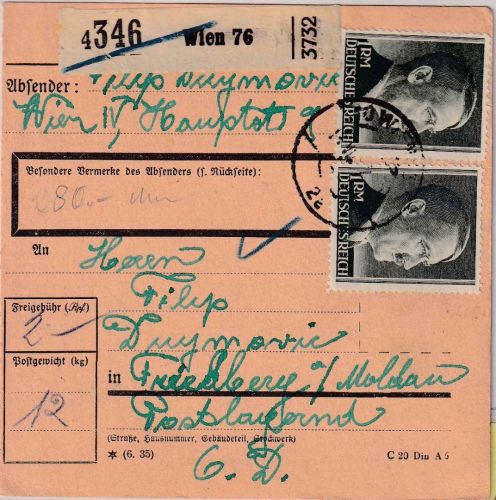 DR - 2x1 RM AH Paketkarte Wien 76 - Friedeberg a/Moldau POSTLAGERND 13.7.42