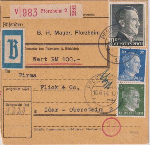 DR - 1 RM AH u.a. Wertpaketkarte/Beutelstück Pforzheim - Idar-Oberstein 16.6.44