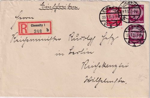 DR - 2x15+12 Pfg. Hindenburg Einschreibebrief an Rudolf Heß (!!) - Chemnitz 1935