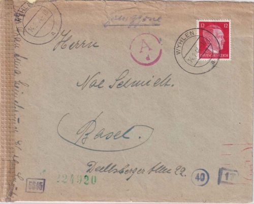 DR - 12 Pfg. AH Zensurbrief/Grenzverkehr i.d. SCHWEIZ Wyhlen - Basel 14.2.44